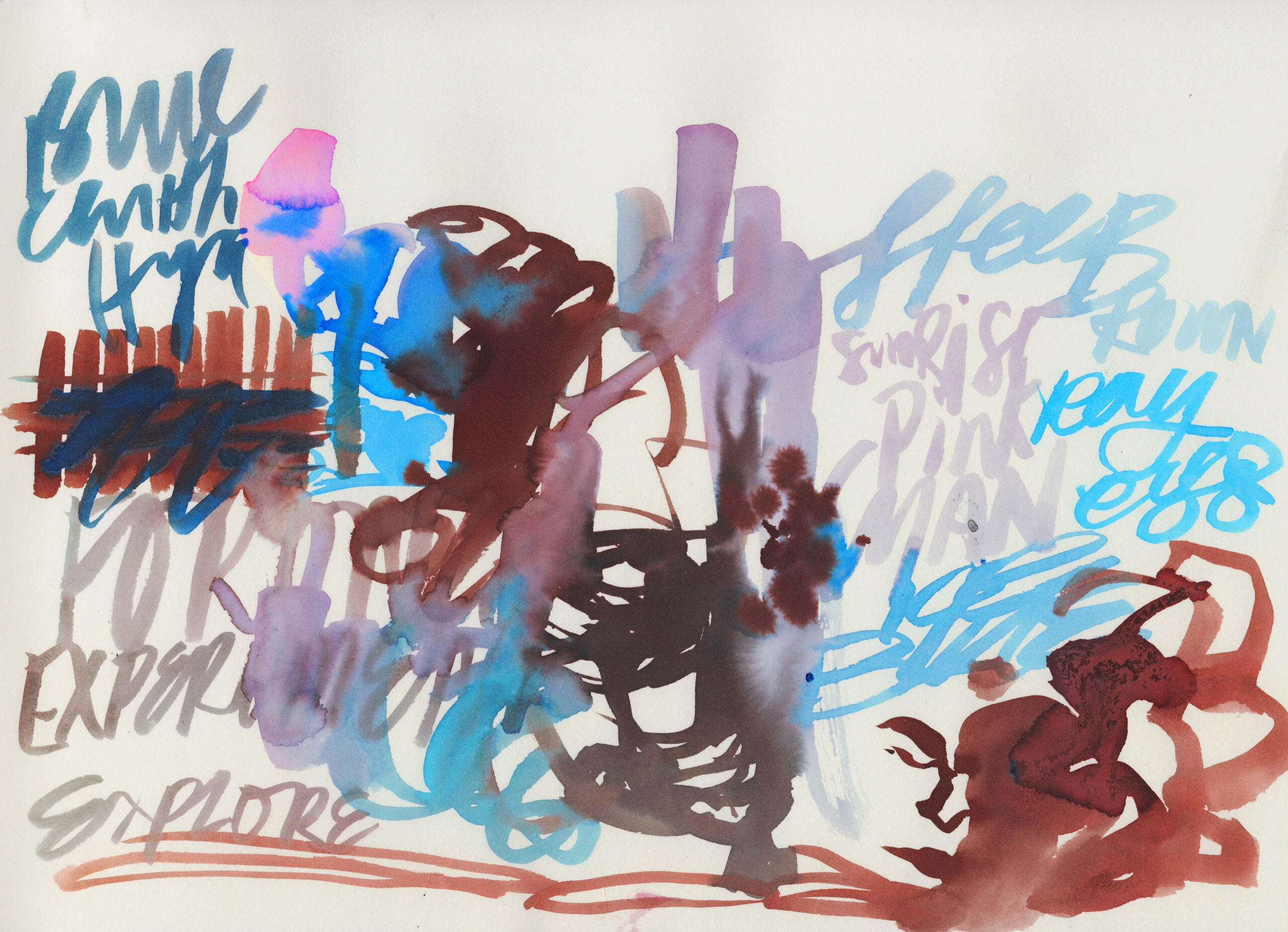 SunrisePinkIceBlueMahoganyCoffeeBrownHyacinthBlue — liquid watercolor, 2023